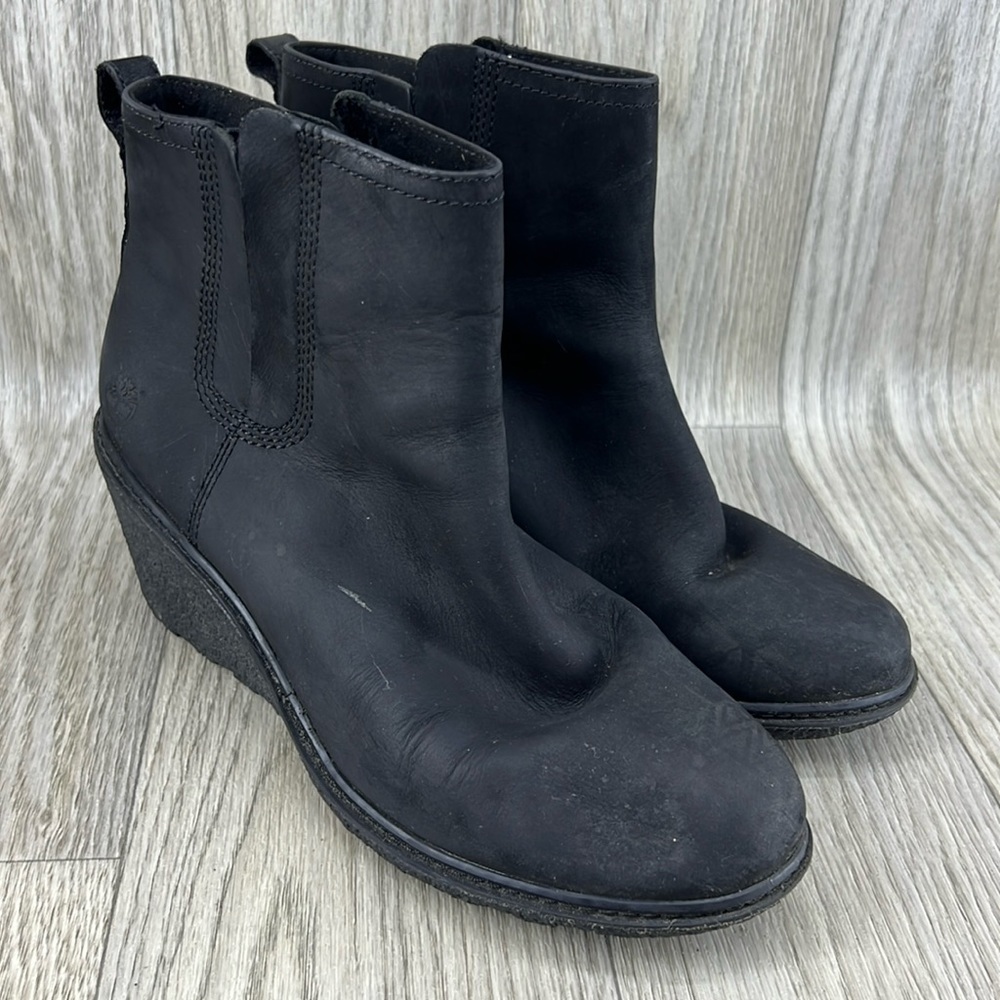 Timberland Amston Chelsea Pull On Leather Black Wedge Boots Women